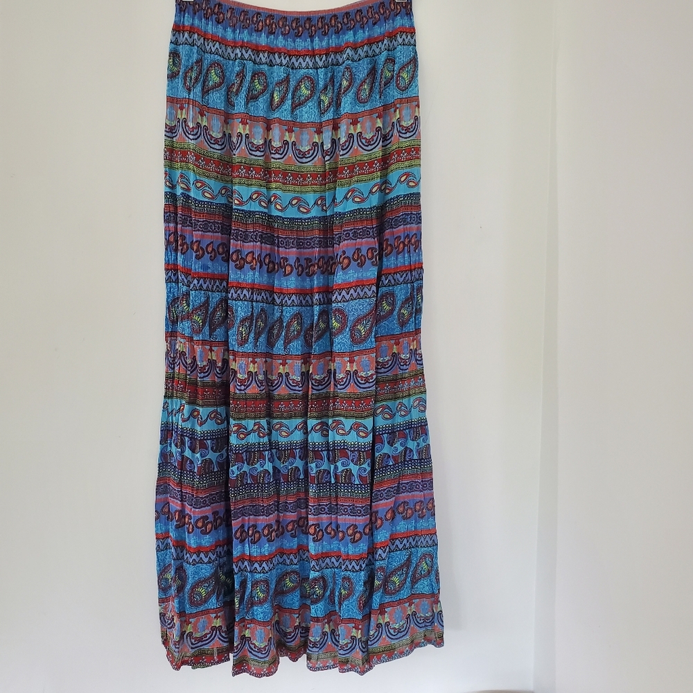 PLANET GOLD M Boho Paisley Maxi Skirt Blue Bohemian Elastic Waist Rayon Hippie